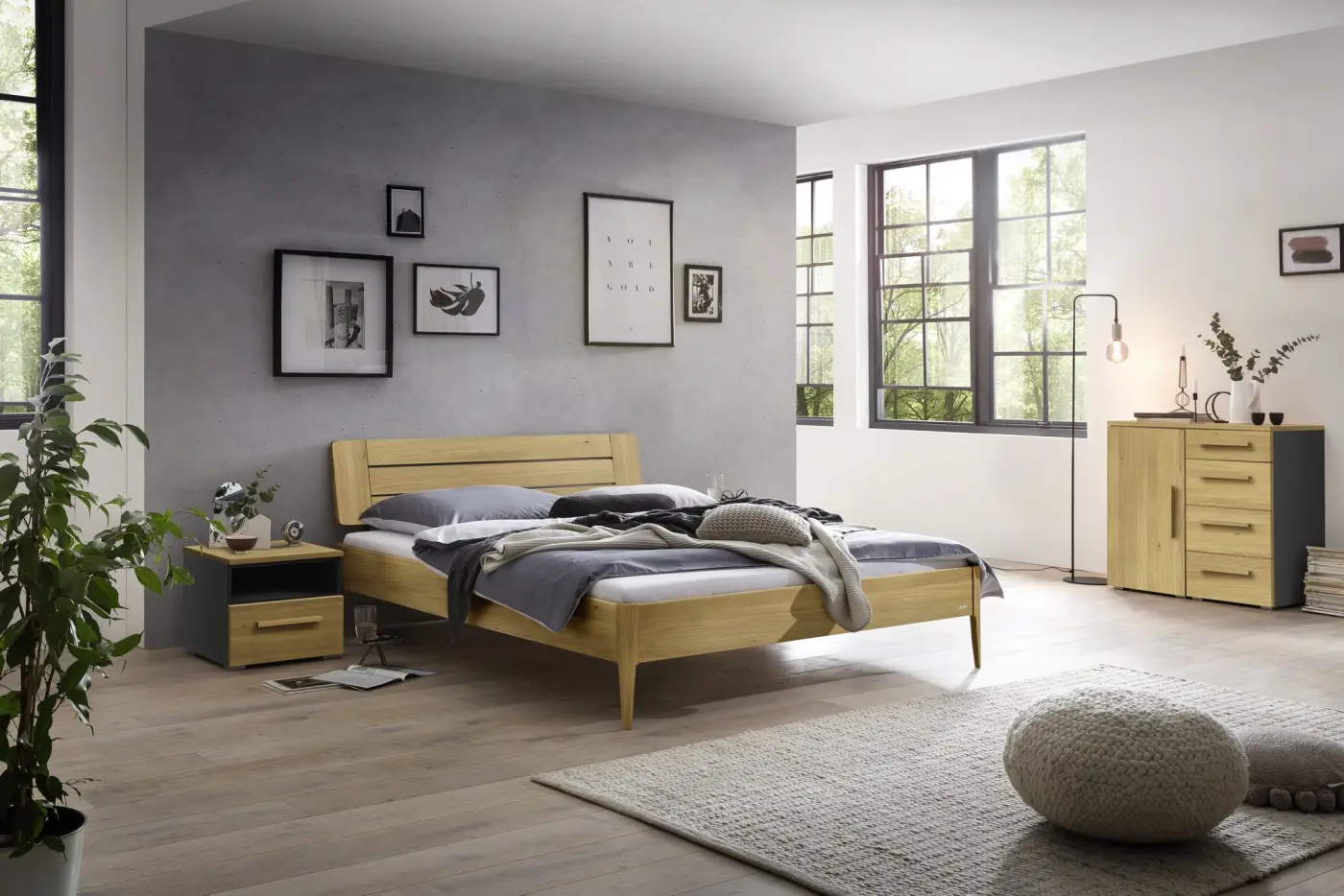 Hasena Kommode QUNITO - 90 cm -  Anthracit / Eiche bright, geölt